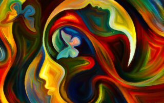 Abstract paint swirls of green, red, black, gold, blue with outlines of human faces and butterflies